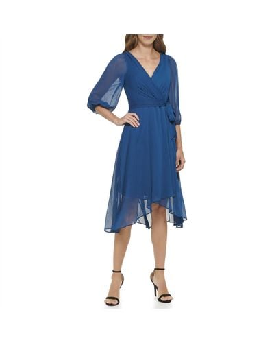 DKNY Pleated Faux Wrap Dress - Blue