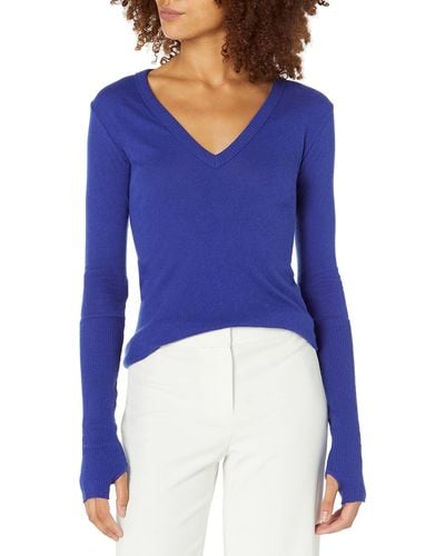 Enza Costa Womens Cashmere Long Sleeve Cuffed V-neck Top With Thumbhole T Shirt - Blue