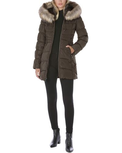 Laundry by Shelli Segal 3/4 Hooded Puffer With Faux Fur Trim - Multicolor