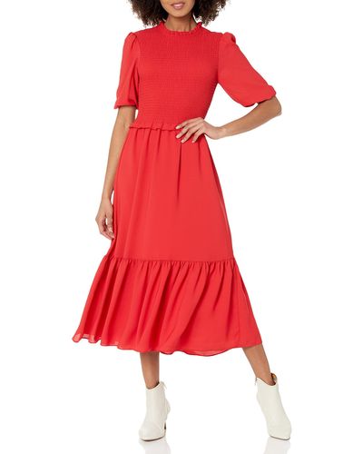 Nanette Lepore Long Sleeve Smocked Front Ruffle Neck Dress - Red