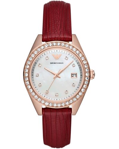 Emporio Armani Three-hand Date Red Leather Watch