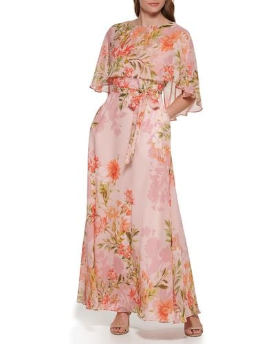 Eliza J Maxi Style Caplet Chiffon Elbow Sleeve Jewel Neck Dress - Pink