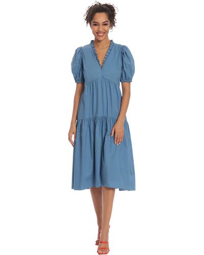 Donna Morgan Ruffle V-neck Tiered Dress With Puff Short Sleeves - Blue