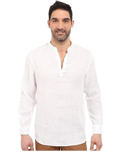 Perry Ellis Long Sleeve Solid Linen Popover Shirt - White