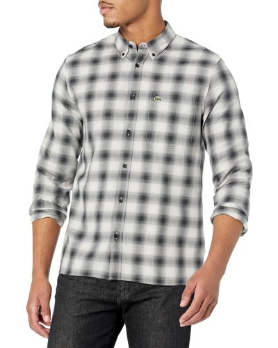 Lacoste Long Sleeve Regular Fit Twill Plaid Button Down Shirt - Gray