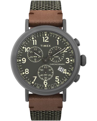 Timex Standard Chronograph 41mm Watch – Gray Case Olive Dial With Olive Genuine Leather & Fabric - Multicolor