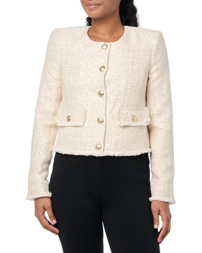 BCBGMAXAZRIA Long Sleeve Round Neck Short Tweed Jacket - White