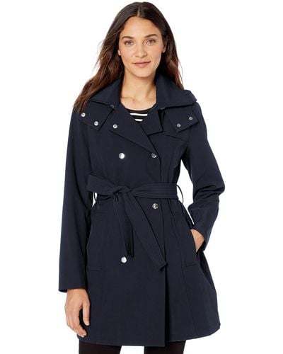 Vince Camuto Stretchable Rain-resistant Trench Coat With Removable Hood - Blue