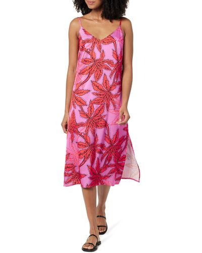 The Drop Ana Silky V-neck Midi Slip Dress Tropical Pink Floral Print - Red