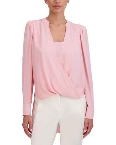 BCBGMAXAZRIA Relaxed Faux Wrap Top Long Sleeve Button Cuff Scoop Neck Surplice Overlay High Low Asymmetrical Hem Shirt - Pink