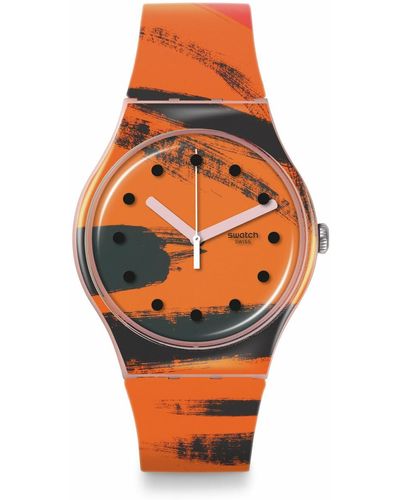 Swatch Casual Watch Pink Quartz Plastic Art Journey Barns-graham's Orange And Red On Pink