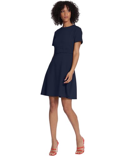 Maggy London Short Sleeve Mini Fit And Flare Dress With Wide Belt - Blue