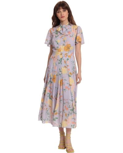 Donna Morgan Floral Printed Short Flutter Sleeve Pleated Skirt Midi Dress With Neck Tie - Multicolor