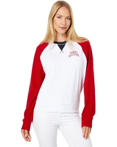 Tommy Hilfiger Color-block Crew Neck Sweatshirt Bright White/scarlet Md - Red
