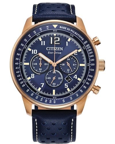 Citizen Eco-drive Weekender Sport Casual Chronograph Rose Gold Stainless Steel Watch With Blue Leather Strap