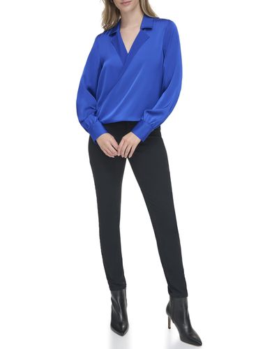 Calvin Klein Plus Faux Wrap Long Sleeve Blouse Top - Blue