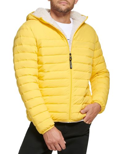 Calvin Klein Hooded Down Jacket Quilted Coat Sherpa Lined - Yellow