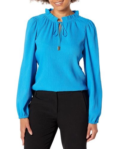 DKNY Long Sleeve Pleated Top With Tie Neck - Blue