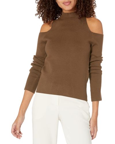Monrow Ht1257-supersoft Sweater Knit Cold Shoulder Top - Brown