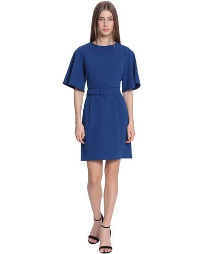 Donna Morgan Plus Size Crew Neck Mini Dress With Elbow Flutter Sleeves - Blue