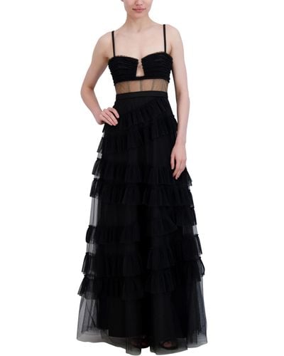 BCBGMAXAZRIA S Sleeveless Teardrop Neck A Line Gown With Ruffle Dress - Black