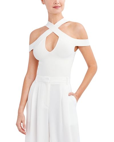 BCBGMAXAZRIA Fitted Criss Cross Strap Cold Shoulder Keyhole Sweater Tank - White