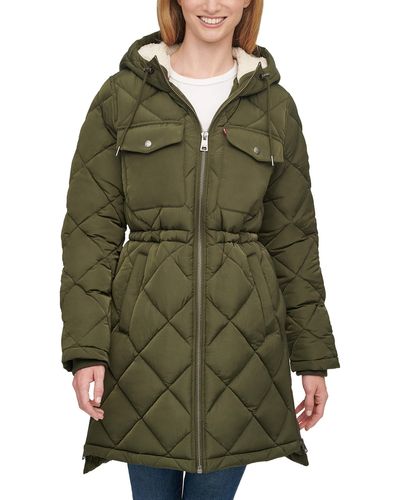 Levi's Soft Sherpa Lined Diamond Quilted Long Parka Jacket - Green