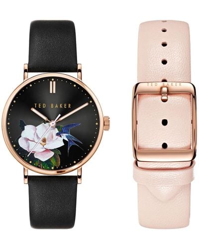 Ted Baker Phylipa Iconic Ladies Box Set Black & Pink Leather Strap Watch