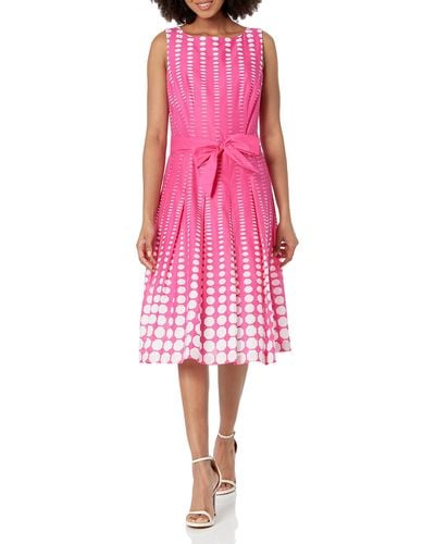 Anne Klein Printed Cotton Fit & Flare With Sash - Pink