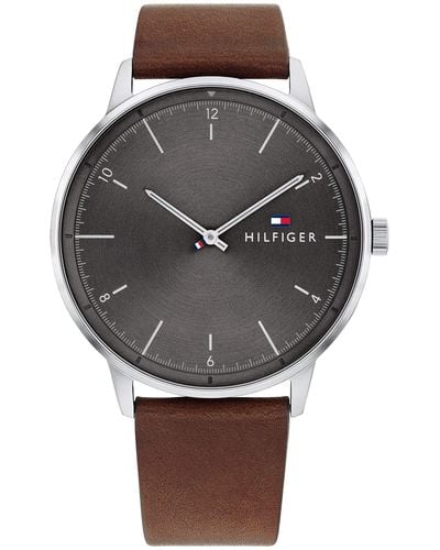 Tommy Hilfiger Stainless Steel Quartz Watch With Leather Strap - Brown