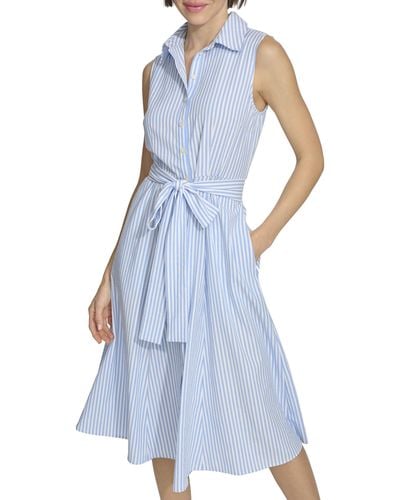 Tommy Hilfiger Point Collar Pucker Stripe Fabric Dress - Blue
