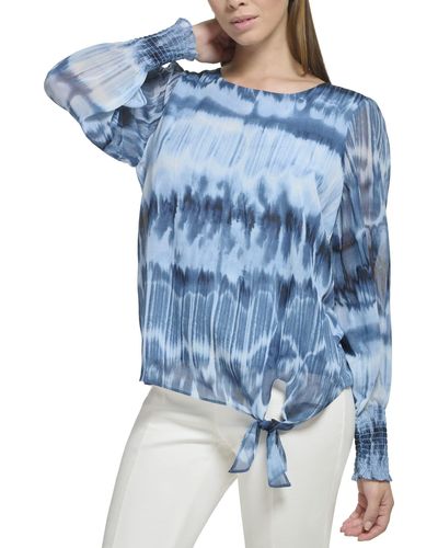 Calvin Klein Everyday With Smocking Printed Knot Hem Blouse - Blue