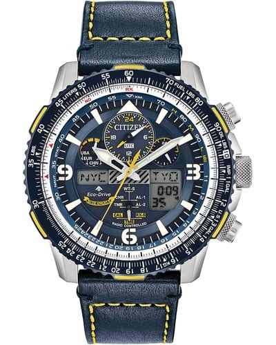 Citizen Eco-drive Promaster Air Skyhawk Atomic Time Keeping Pilot Watch In Stainless Steel With Blue Leather Strap