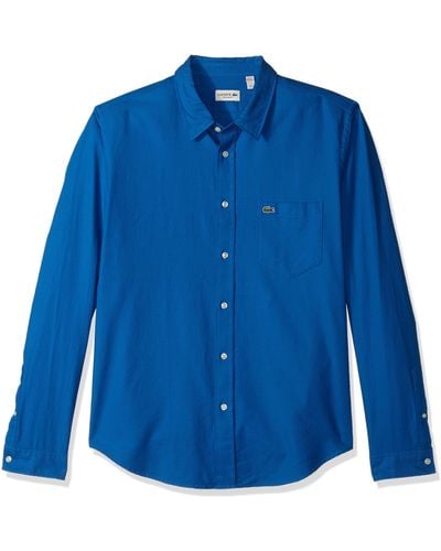 Lacoste Long Sleeve Yarndyed Garment Wash Solid Reg Fit Woven Shirt - Blue