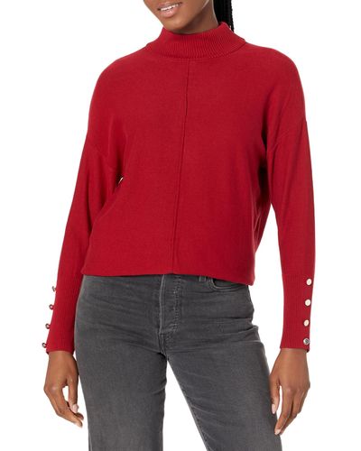Anne Klein Mock Neck Sweater Long Sleeve With Buttons - Red