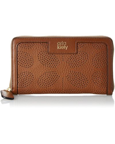 Orla Kiely Sixties Stem Punched Leather Big Zip Wallet - Brown