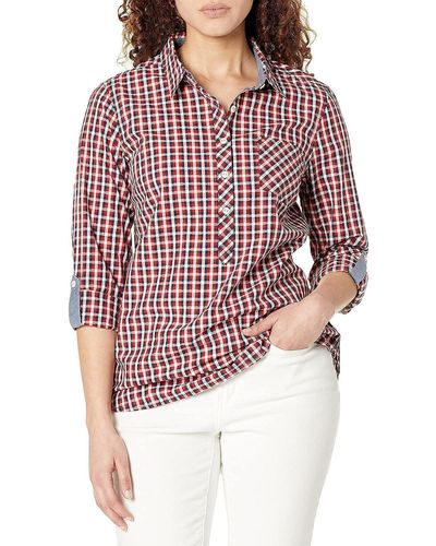 Tommy Hilfiger Blouse Casual Check Roll Tab Long Sleeve Shirt - Red