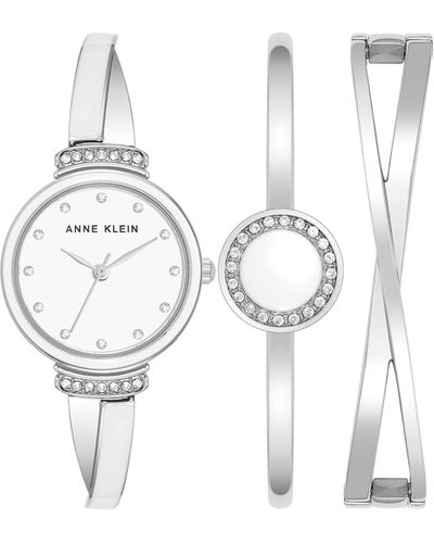 Anne Klein Premium Crystal Accented Bangle Watch And Bracelet Set - White