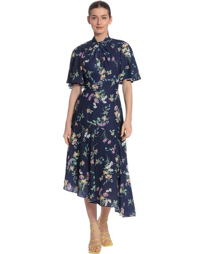Maggy London Floral Printed Flutter Sleeve Midi Dress With Twist Mock Neck And Asymmetrical Hem - Blue