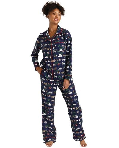 Vera Bradley Cotton Pajama Set With Long Sleeve Button-up Shirt And Pants - Blue