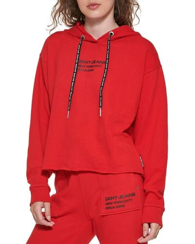 DKNY Jeans Logo Drawcord Hoodie Pullover - Red