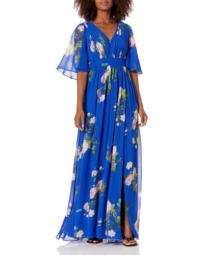 Adrianna Papell Flutter Sleeve Chiffon Floral Evening Gown - Blue