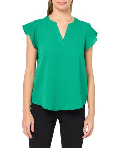 Adrianna Papell Solid Short Ruffle Sleeve Popover Blouse - Green