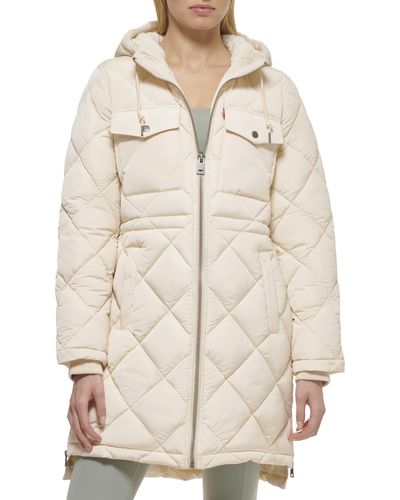 Levi's Soft Sherpa Lined Diamond Quilted Long Parka Jacket - Natural