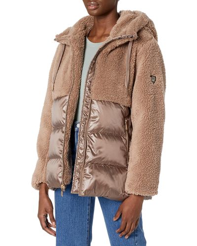 Vince Camuto Womens Mixed Hooded Puffer Cocoon Coat Parka - Brown