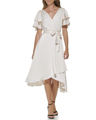 DKNY Flutter Sleeve Fuax Wrap Dress - White