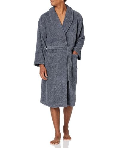 Nautica Mens Long Sleeve Cozy Soft Plush Shawl Collar Bathrobe - Blue