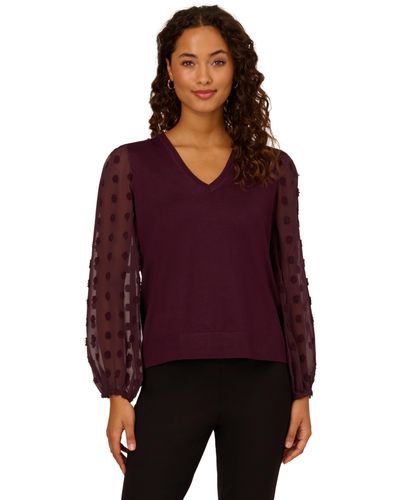 Adrianna Papell V Neck 3/4 Woven Bubble Sleeve Sweater - Purple