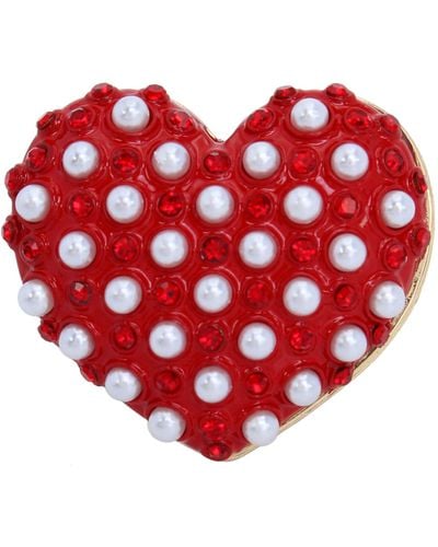 Betsey Johnson S Pearl Heart Cocktail Ring - Red