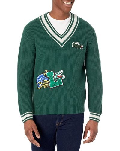 Lacoste Holiday Comic Badge Striped V-neck Sweater - Green